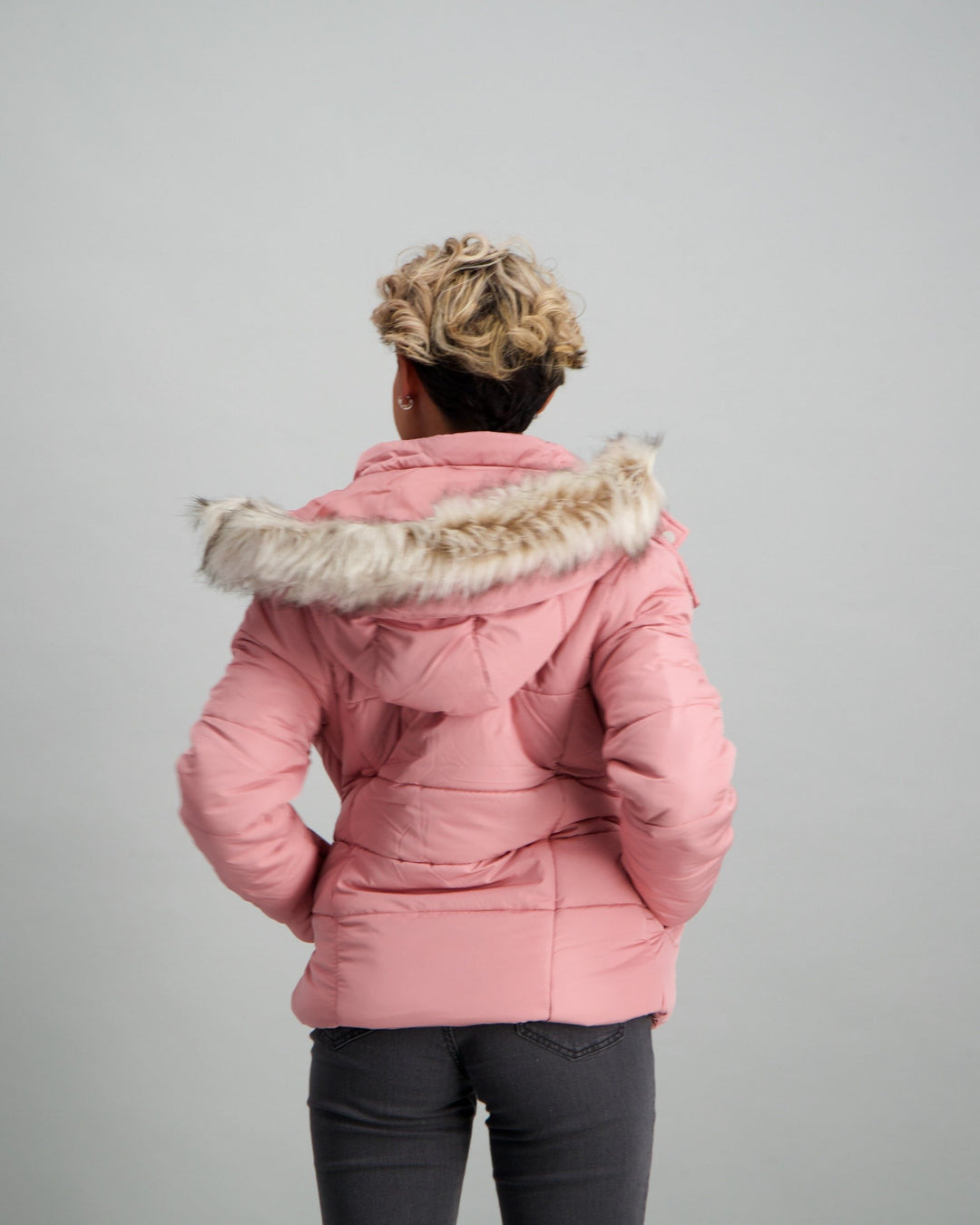 Ladies Fur Trim Puffer Jacket - Blush