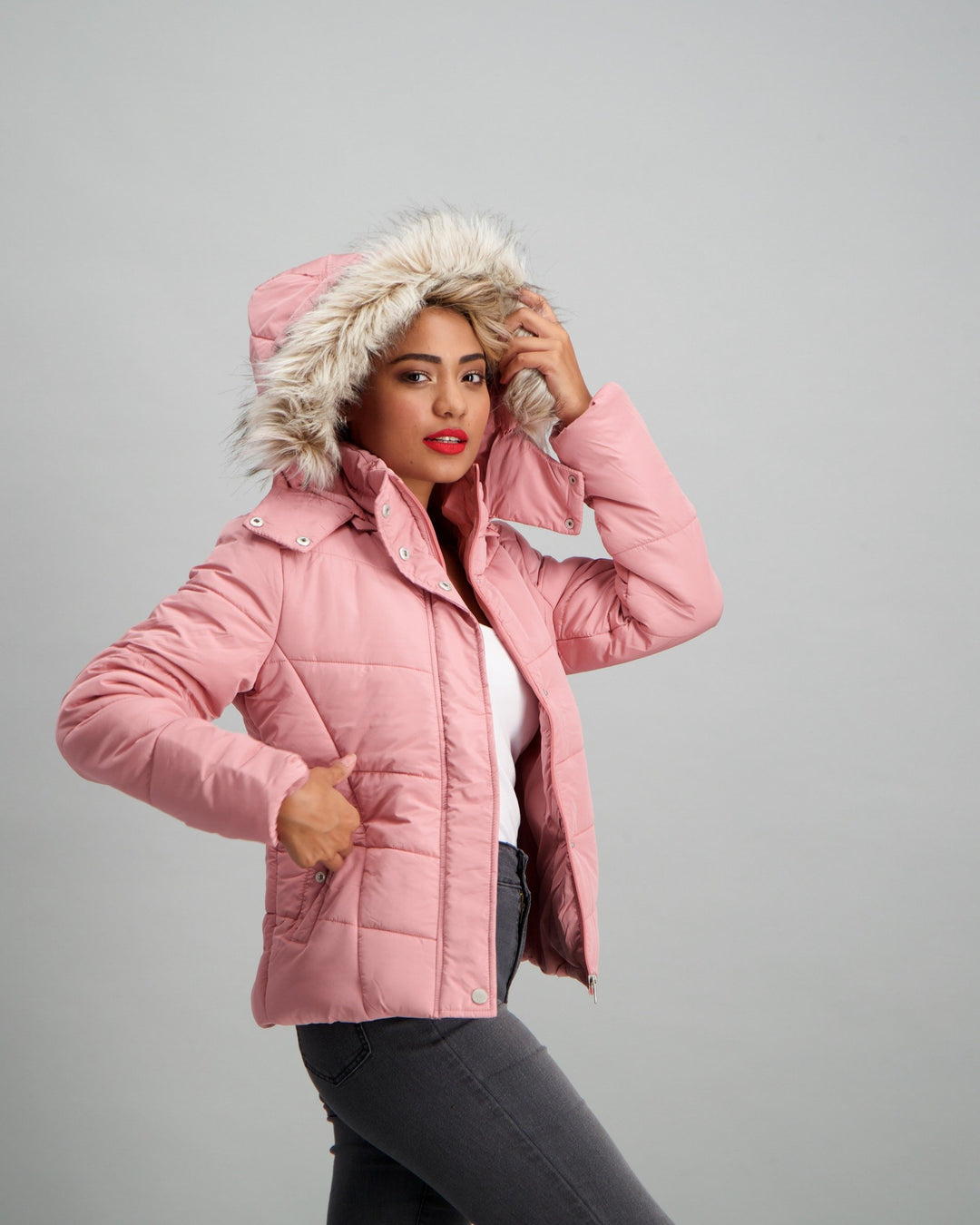 Ladies Fur Trim Puffer Jacket - Blush