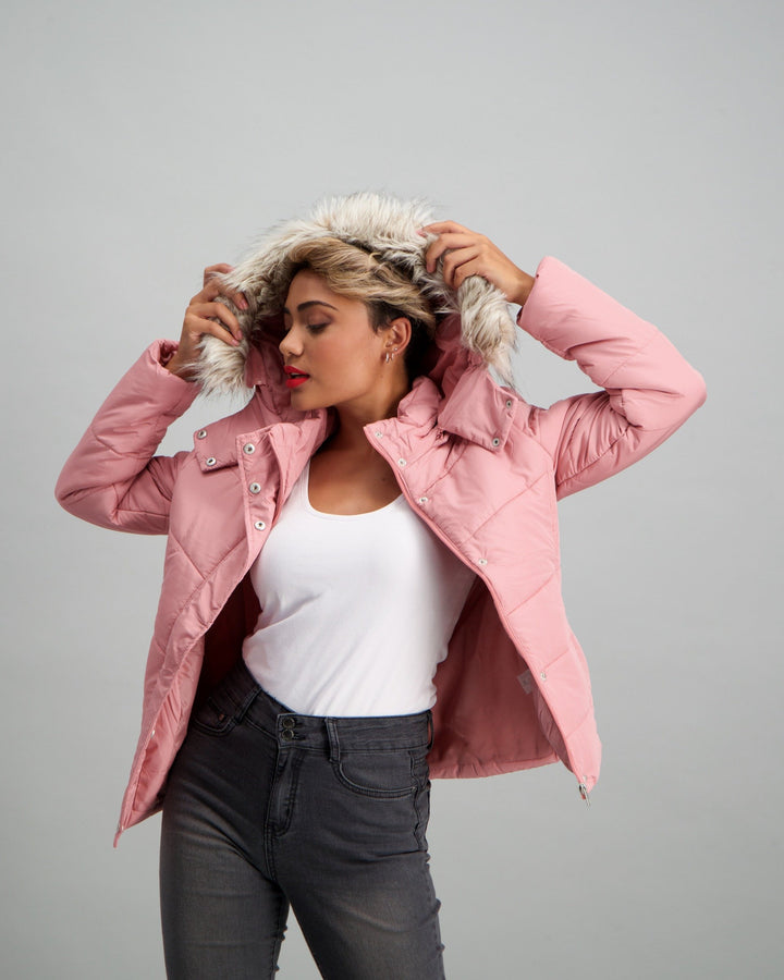 Ladies Fur Trim Puffer Jacket - Blush