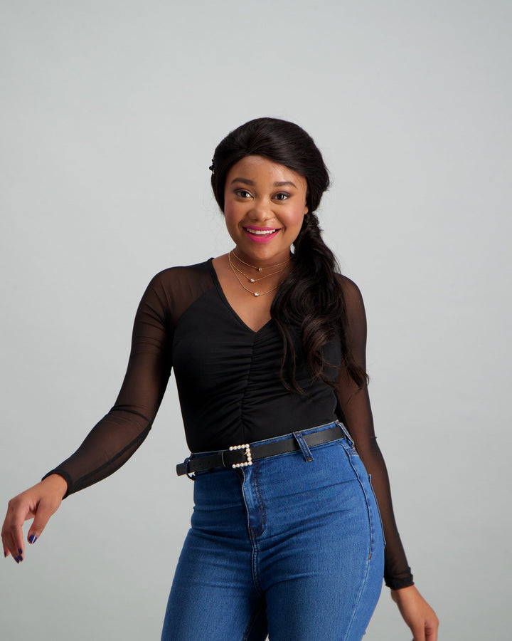 Ladies Long Sleeve Mesh Bodysuit - Black