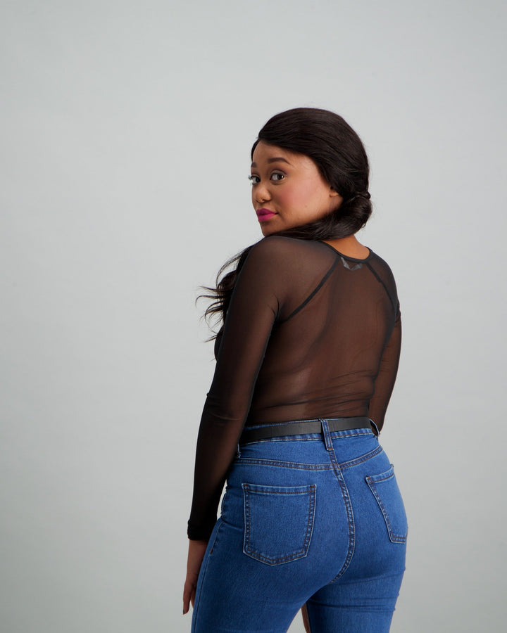 Ladies Long Sleeve Mesh Bodysuit - Black