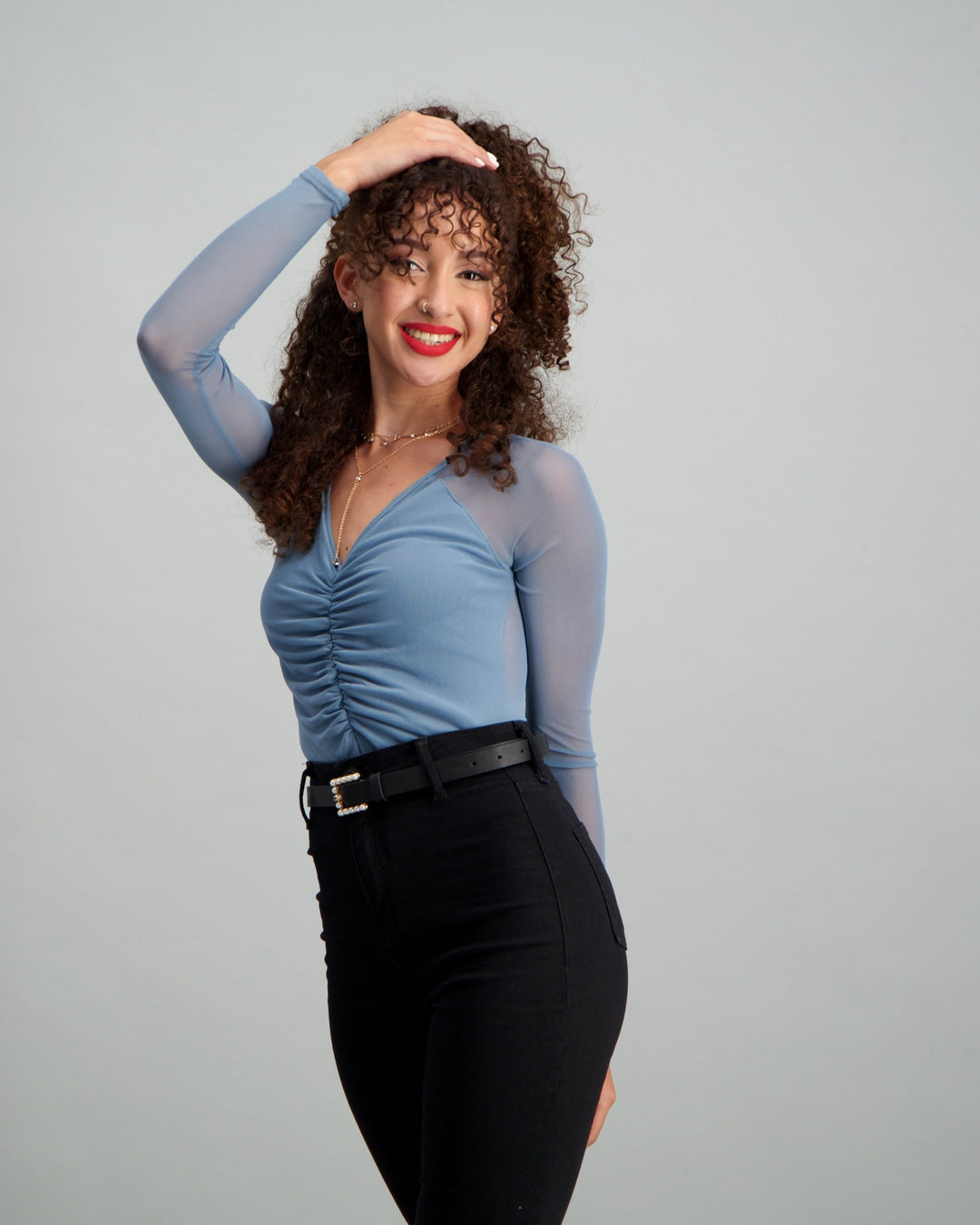 Ladies Long Sleeve Mesh Bodysuit - Blue