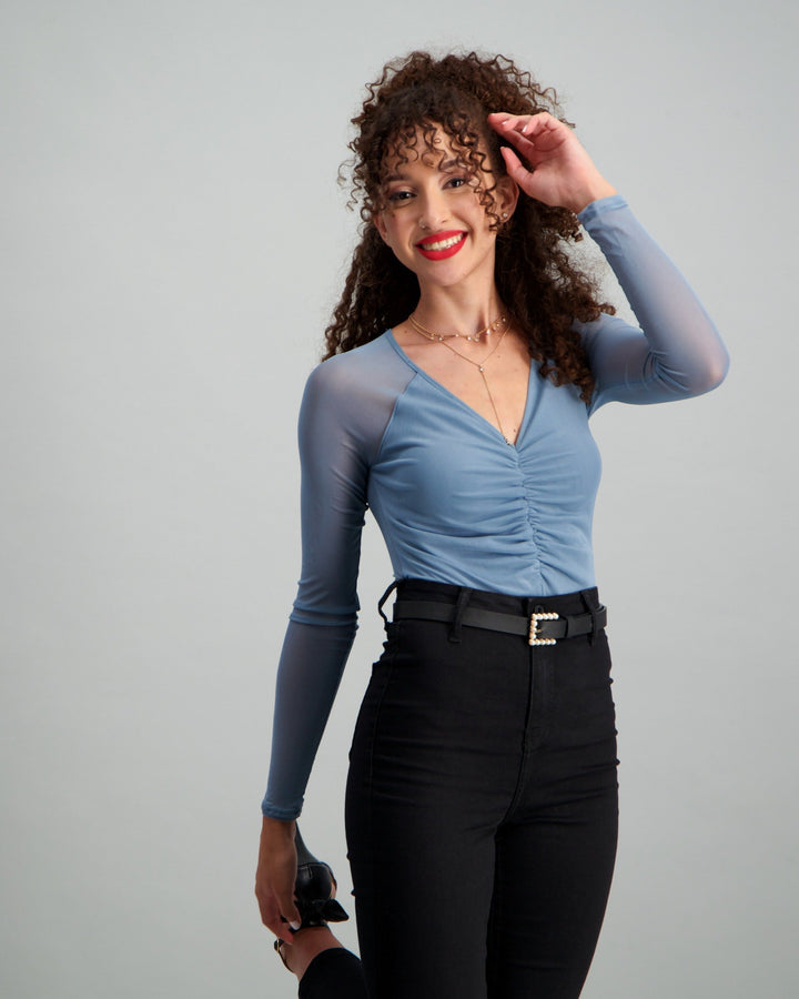 Ladies Long Sleeve Mesh Bodysuit - Blue