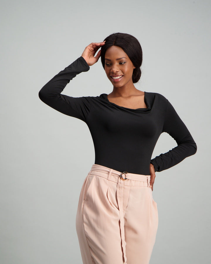 Ladies Cowl Neck Bodysuit - Black