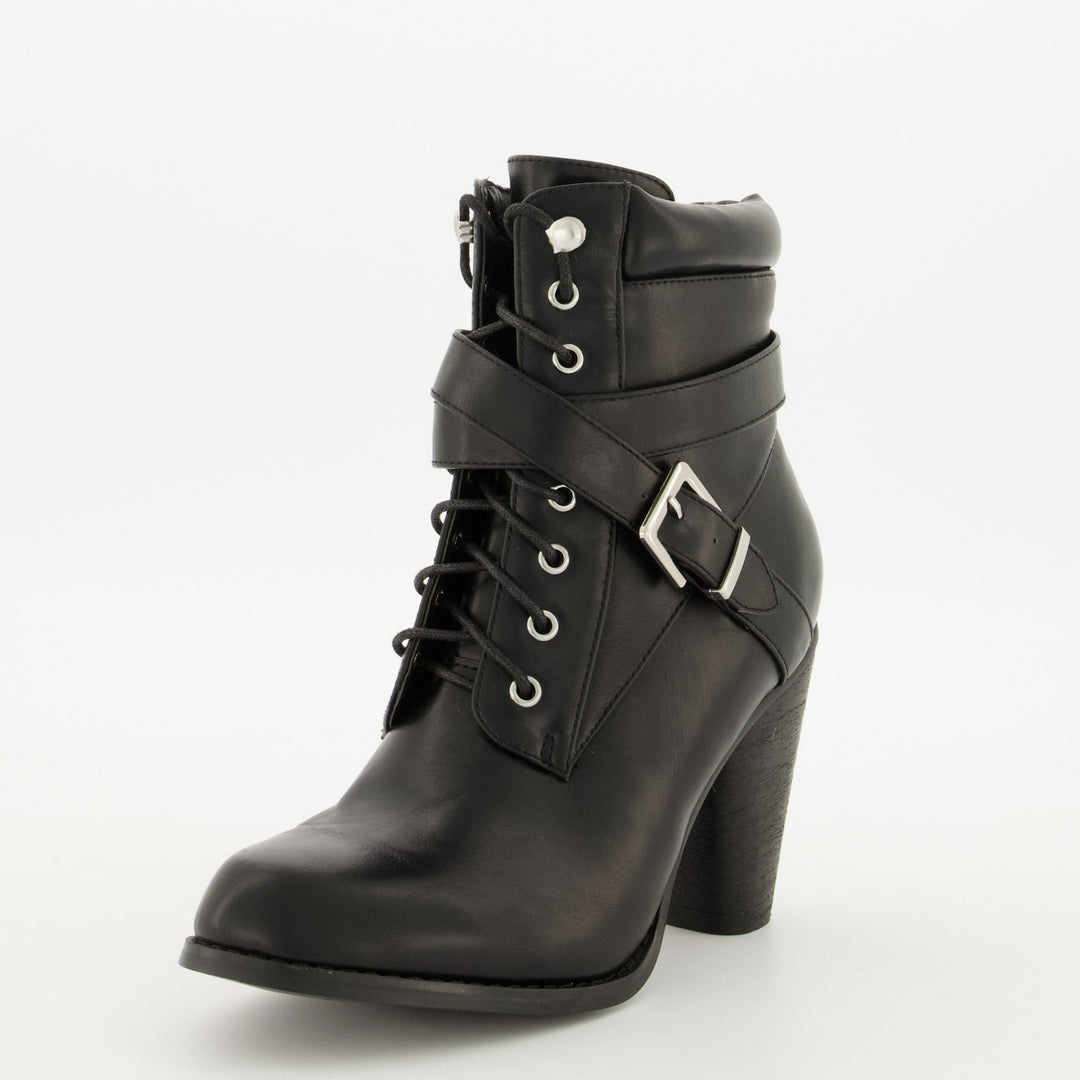 Ladies Padded Collar Military Heel Boot - Black