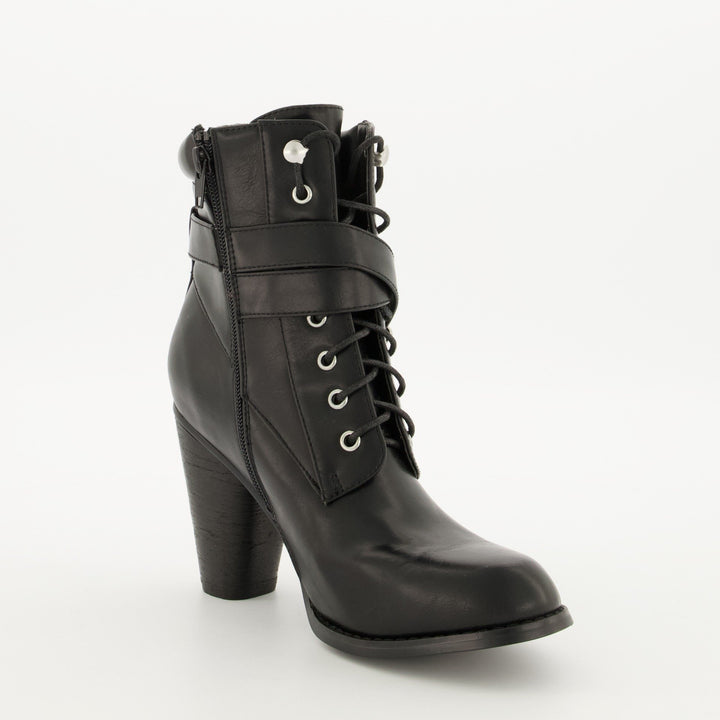 Ladies Padded Collar Military Heel Boot - Black