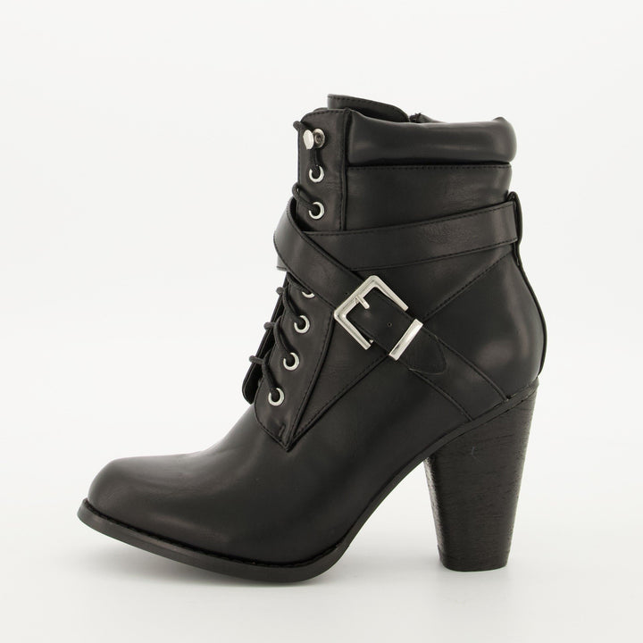 Ladies Padded Collar Military Heel Boot - Black