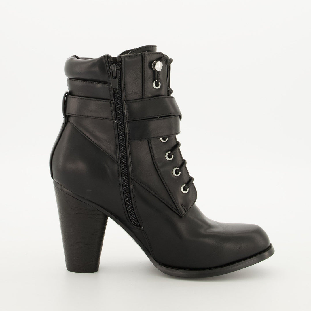 Ladies Padded Collar Military Heel Boot - Black