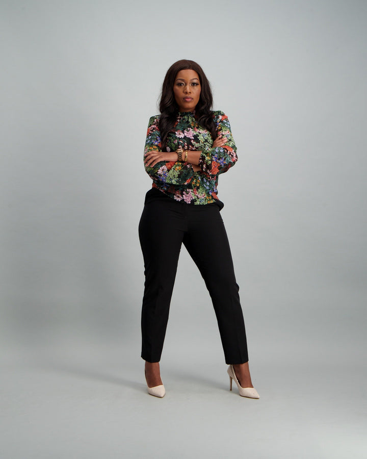 Ladies Floral Ruched Neck Blouse - Black