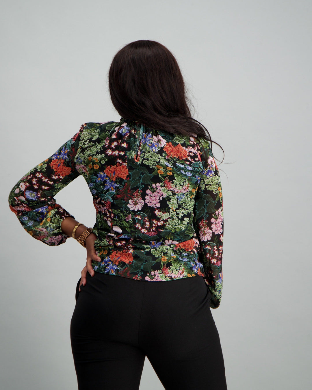 Ladies Floral Ruched Neck Blouse - Black