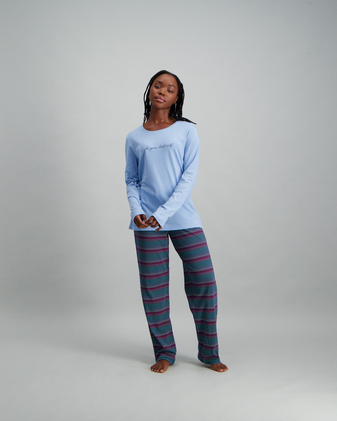 Ladies Multi-Striped Pyjama Set - Blue