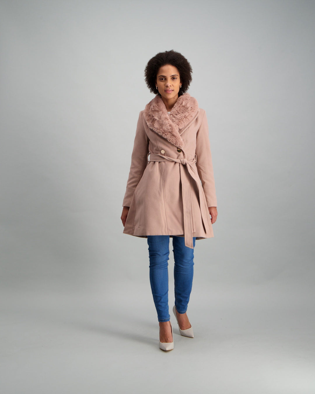 Ladies-Fur Trim Coat Tan
