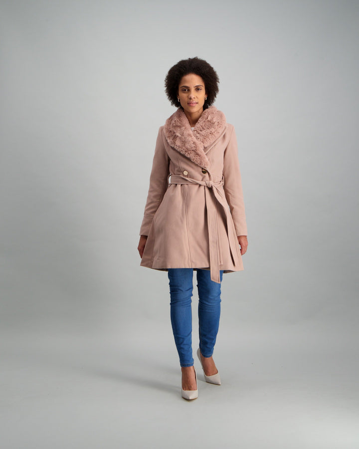 Ladies-Fur Trim Coat Tan