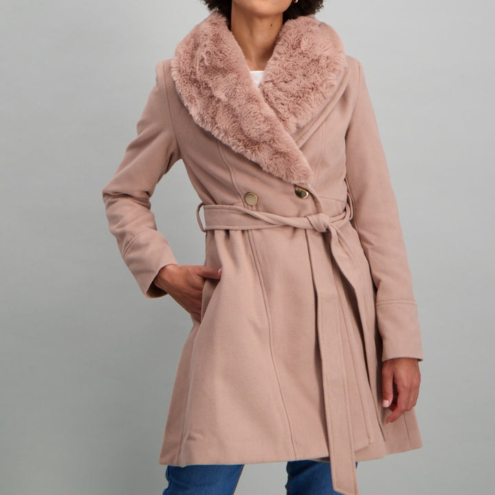 Ladies-Fur Trim Coat Tan