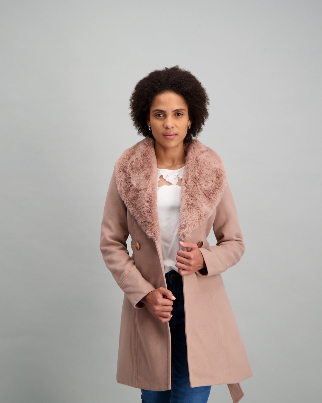 Ladies-Fur Trim Coat Tan