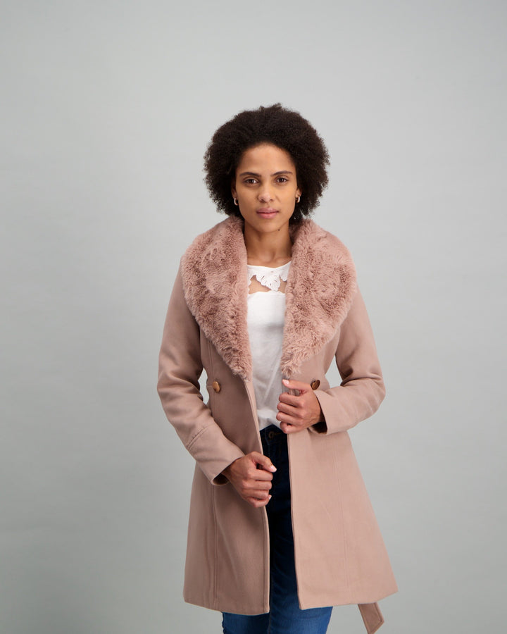 Ladies-Fur Trim Coat Tan
