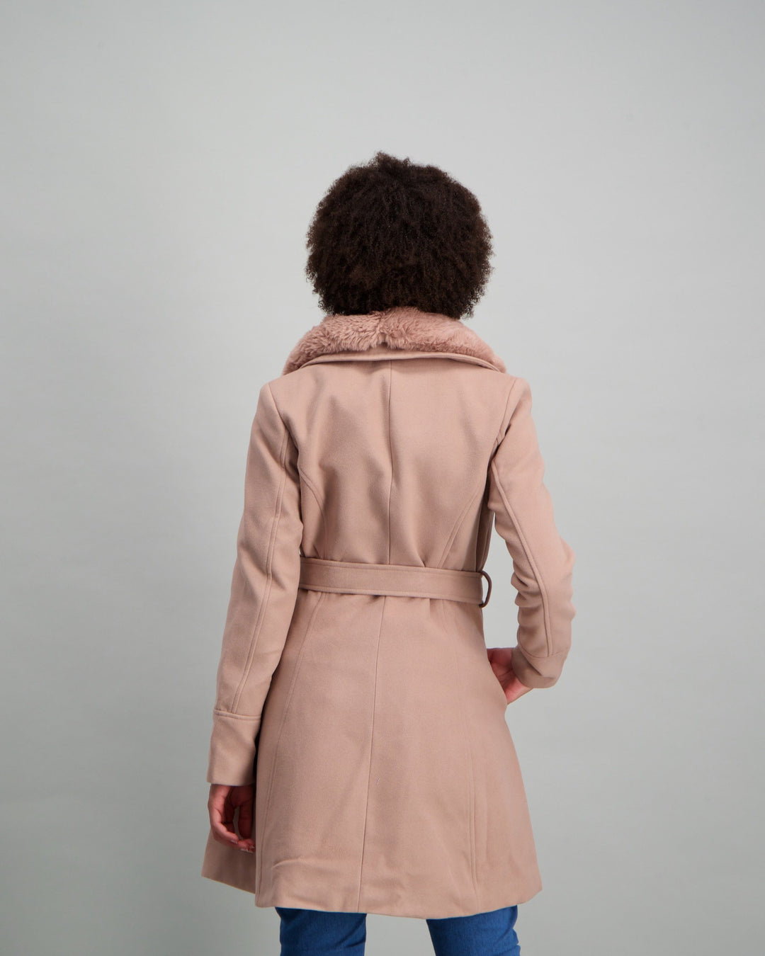 Ladies-Fur Trim Coat Tan