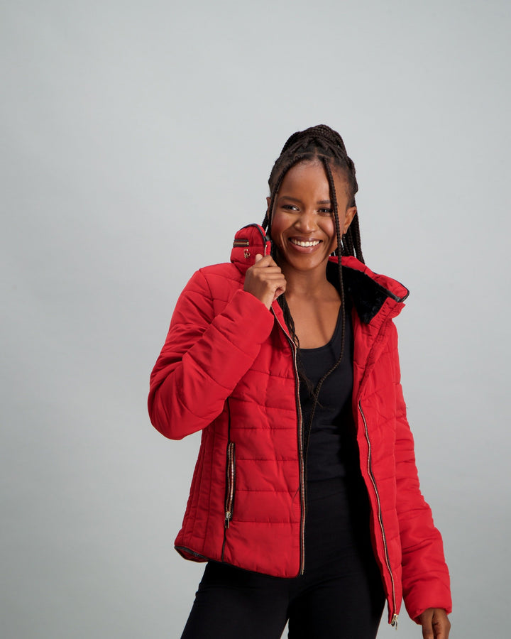 Ladies Fur Collar Puffer - Red