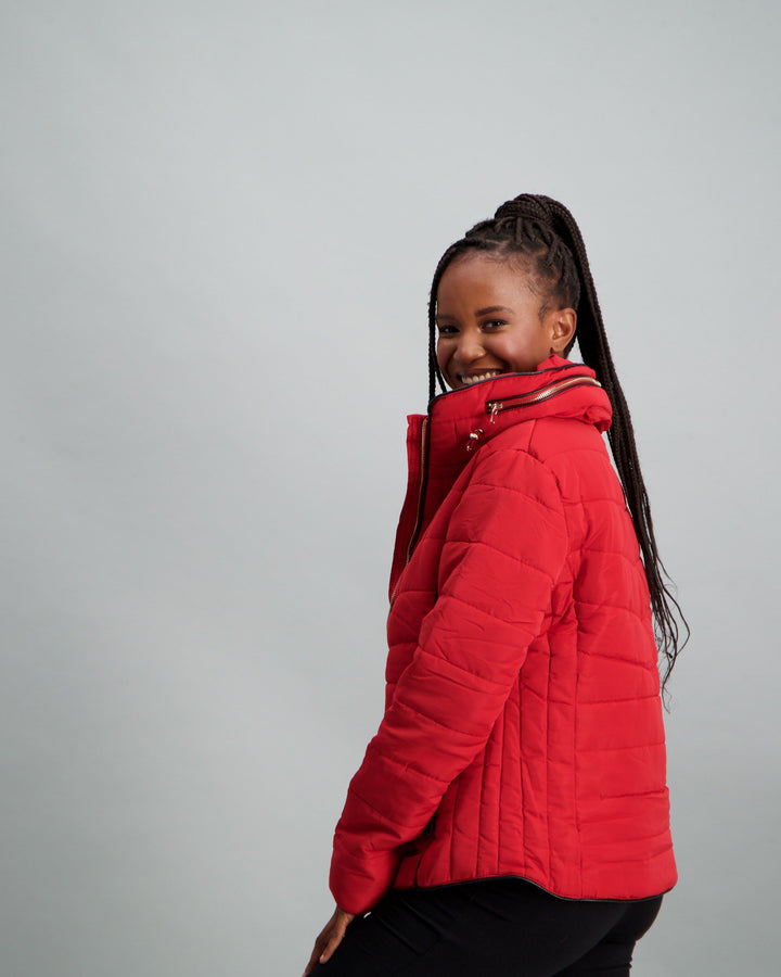 Ladies Fur Collar Puffer - Red