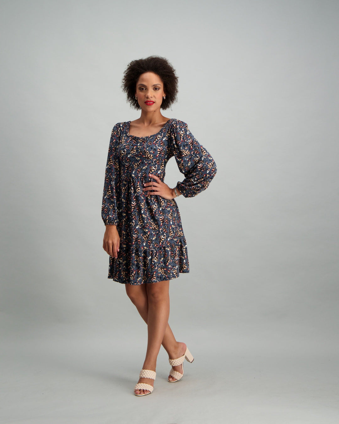 Ladies Puff Sleeve Tiered Hem Dress