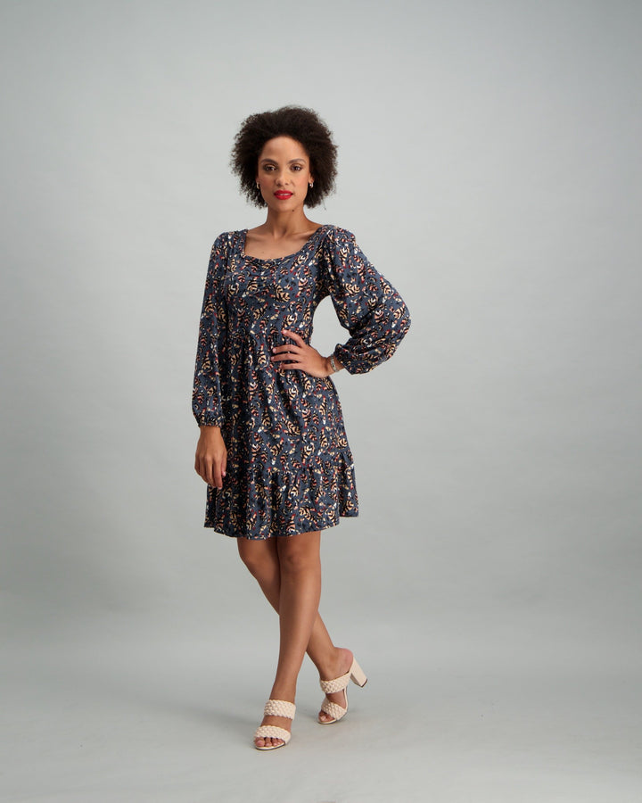 Ladies Puff Sleeve Tiered Hem Dress