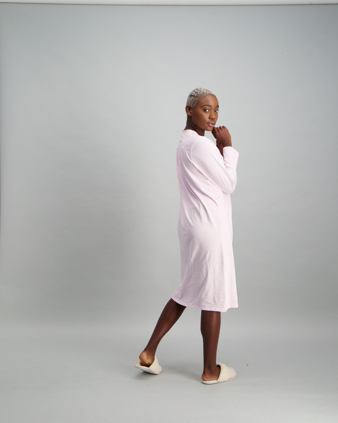 Ladies Long Sleeve Crochet Night Dress - Lilac