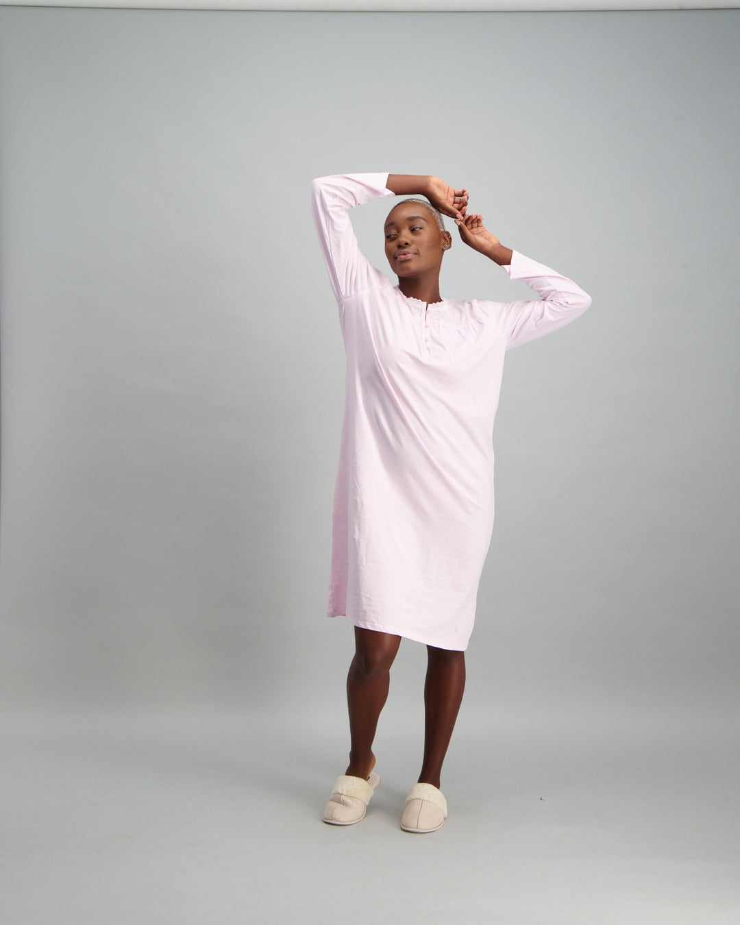 Ladies Long Sleeve Crochet Night Dress - Lilac