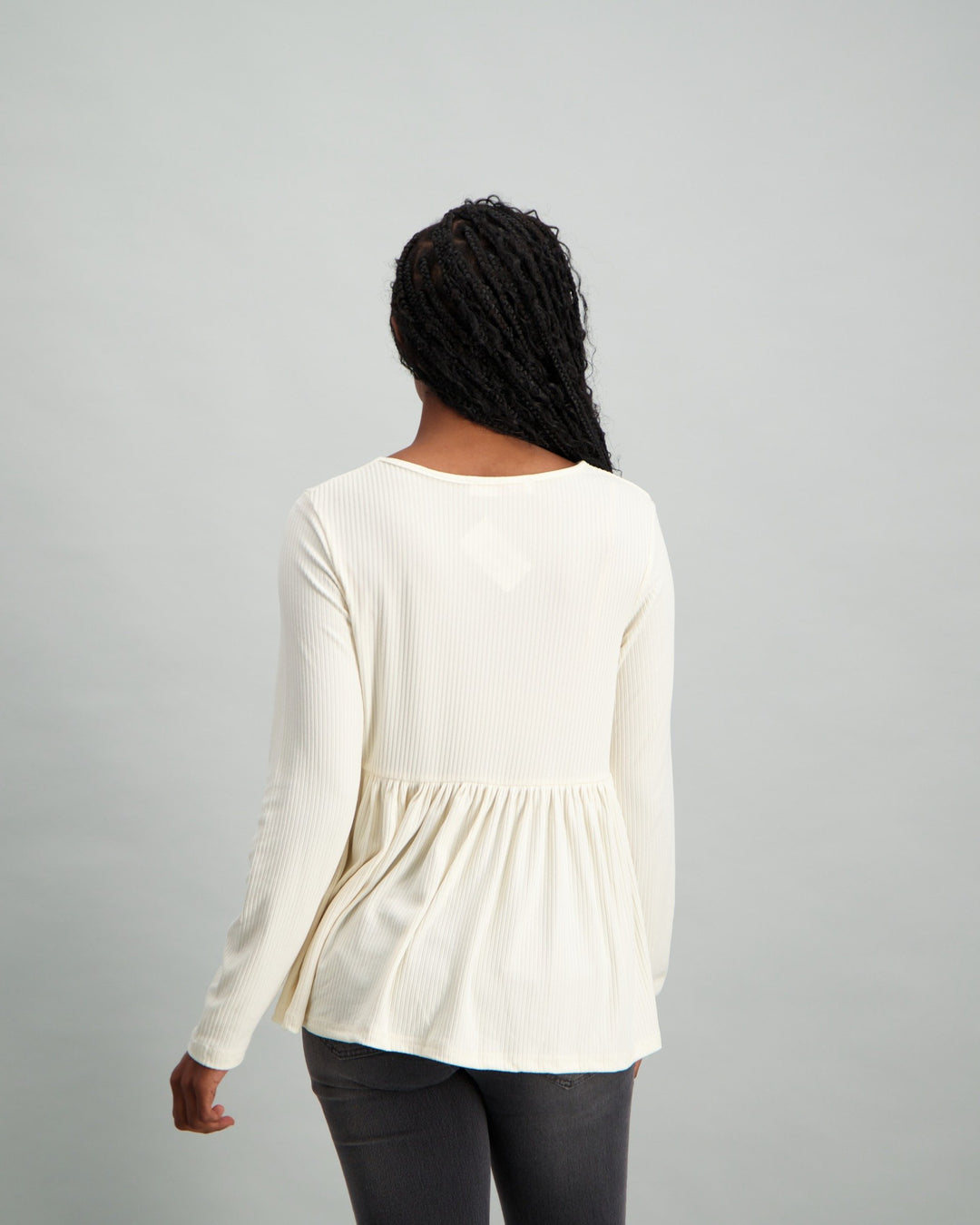 Ladies Long Sleeve Tier Hem Rib Knit Top - White