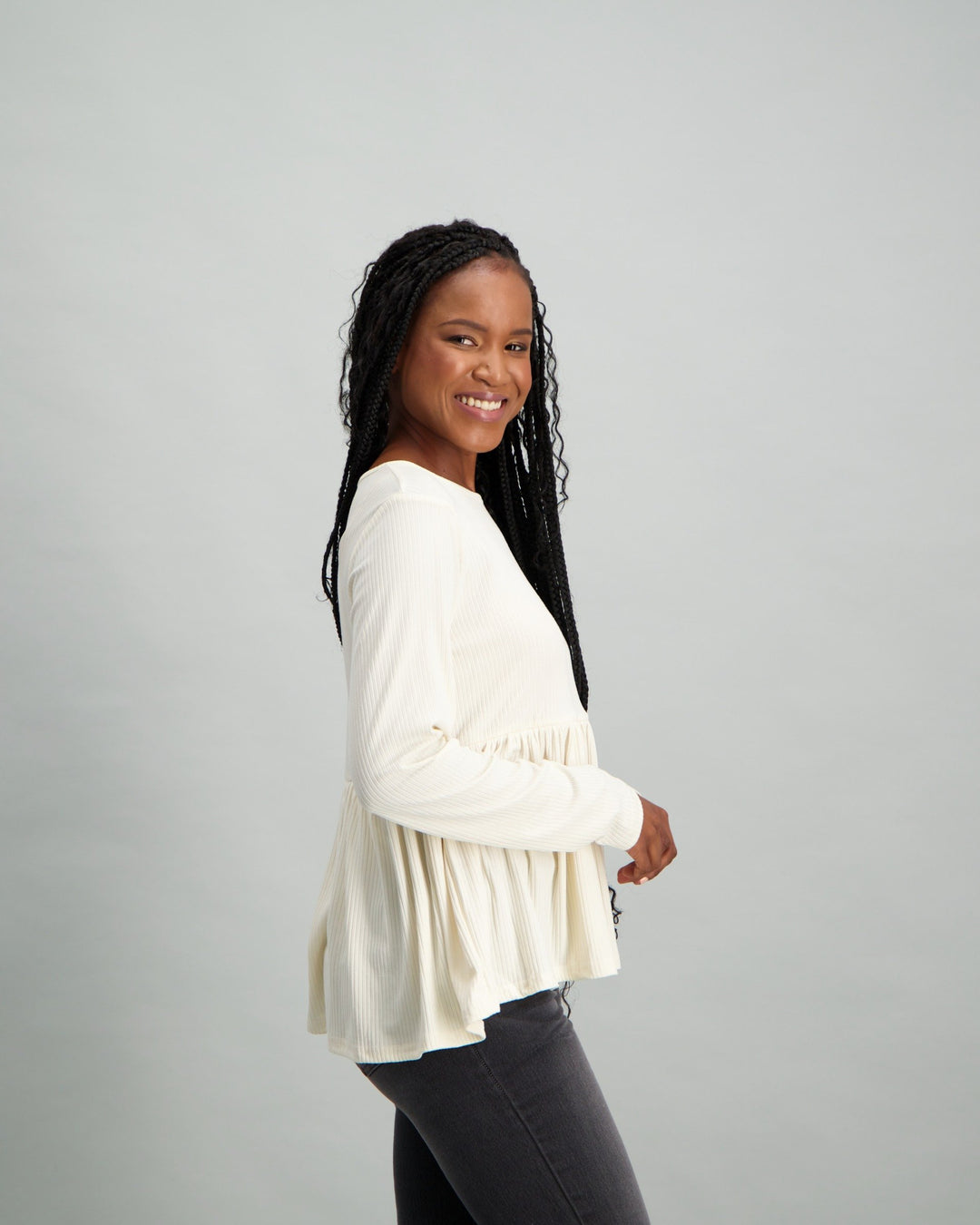 Ladies Long Sleeve Tier Hem Rib Knit Top - White