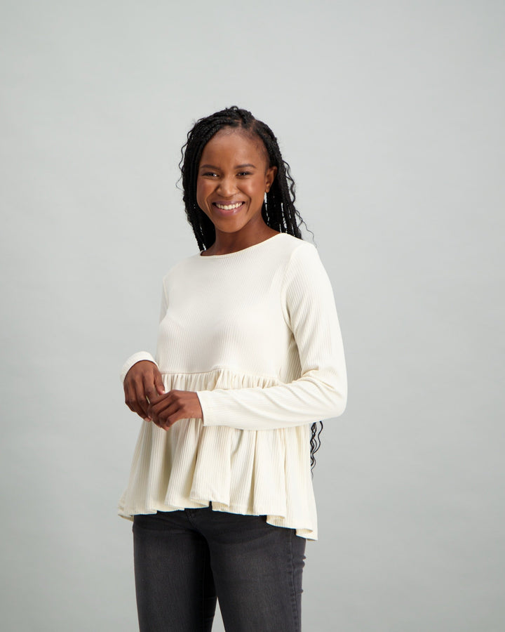 Ladies Long Sleeve Tier Hem Rib Knit Top - White