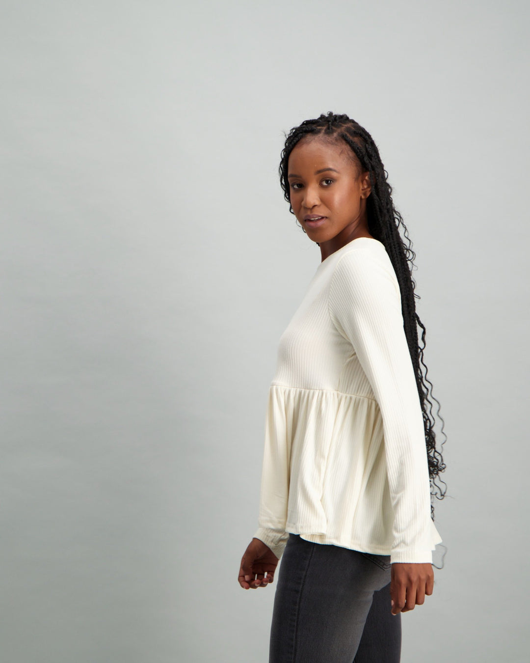 Ladies Long Sleeve Tier Hem Rib Knit Top - White