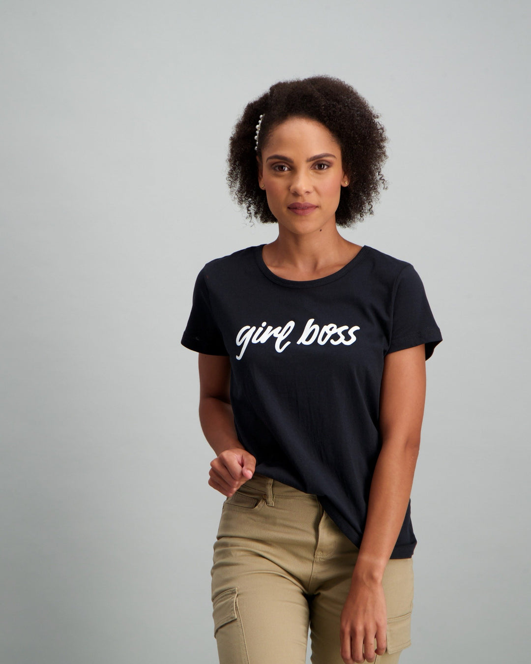 Ladies Girl Boss Slogan T-Shirt - Black