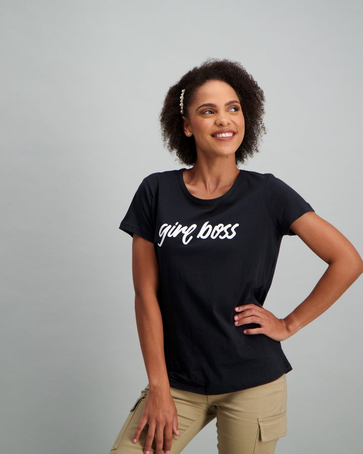Ladies Girl Boss Slogan T-Shirt - Black