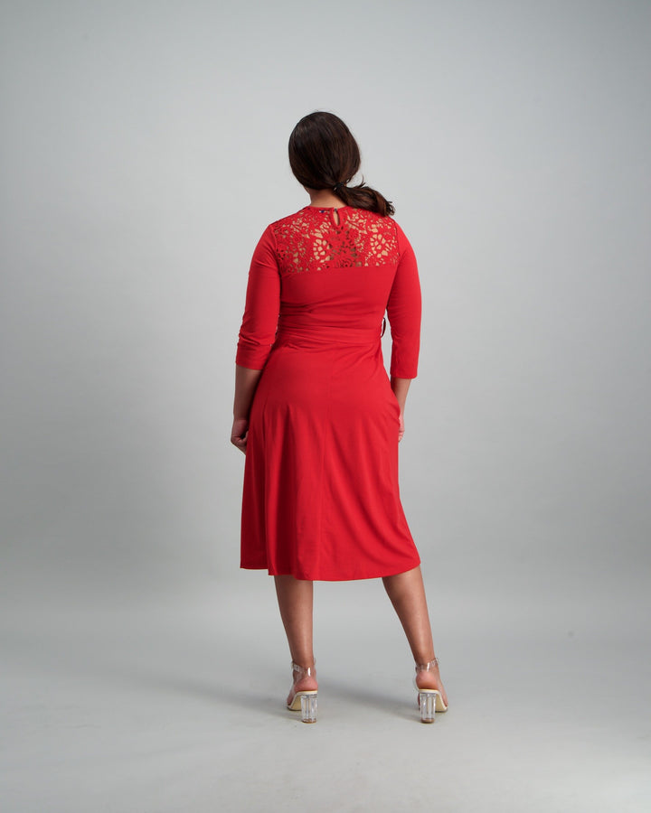 Ladies Lace Inset Dress - Red