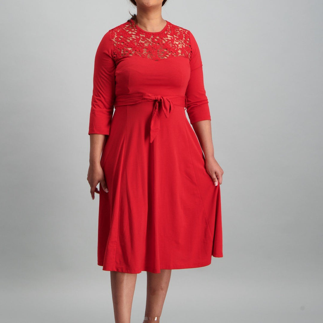 Ladies Lace Inset Dress - Red