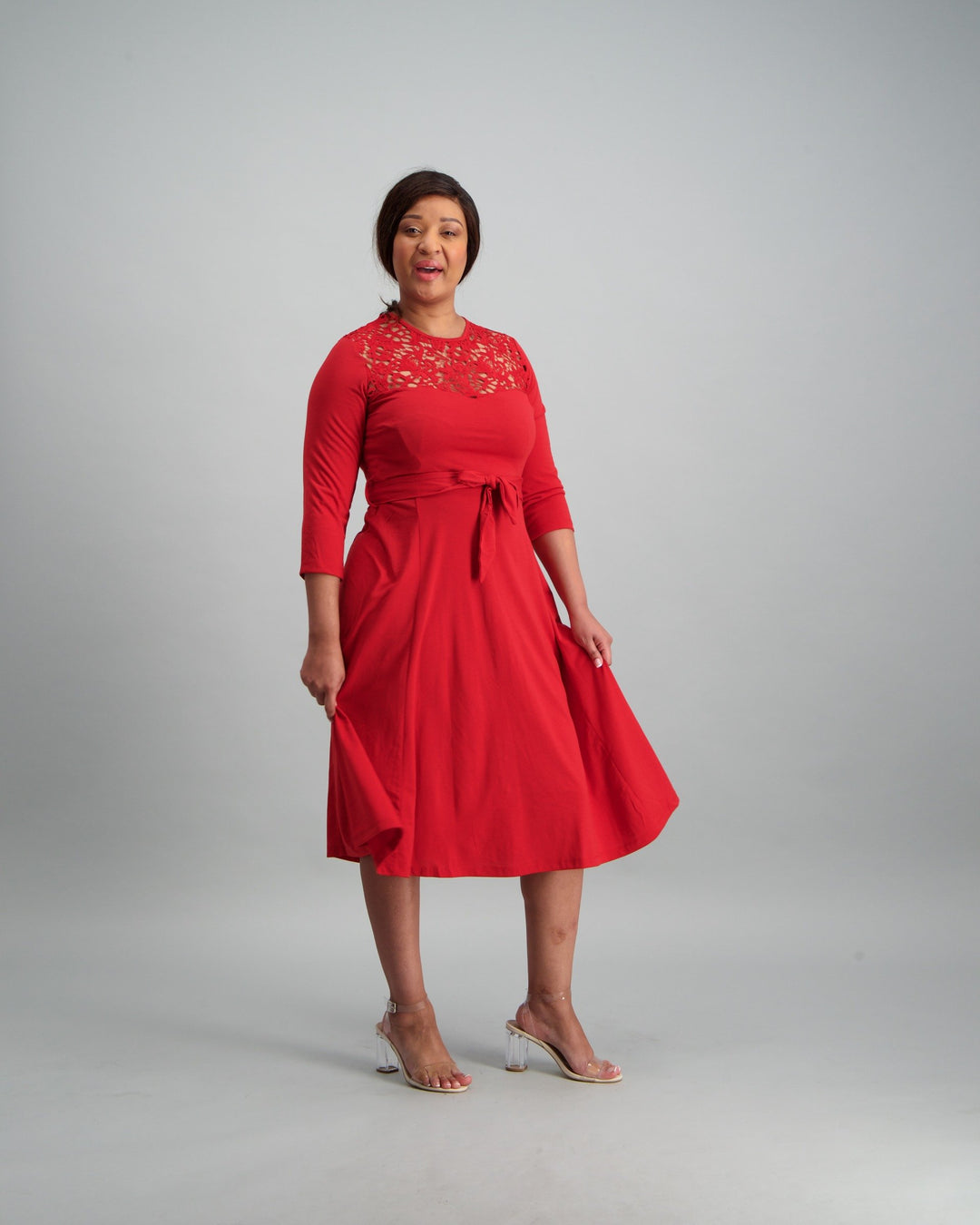 Ladies Lace Inset Dress - Red