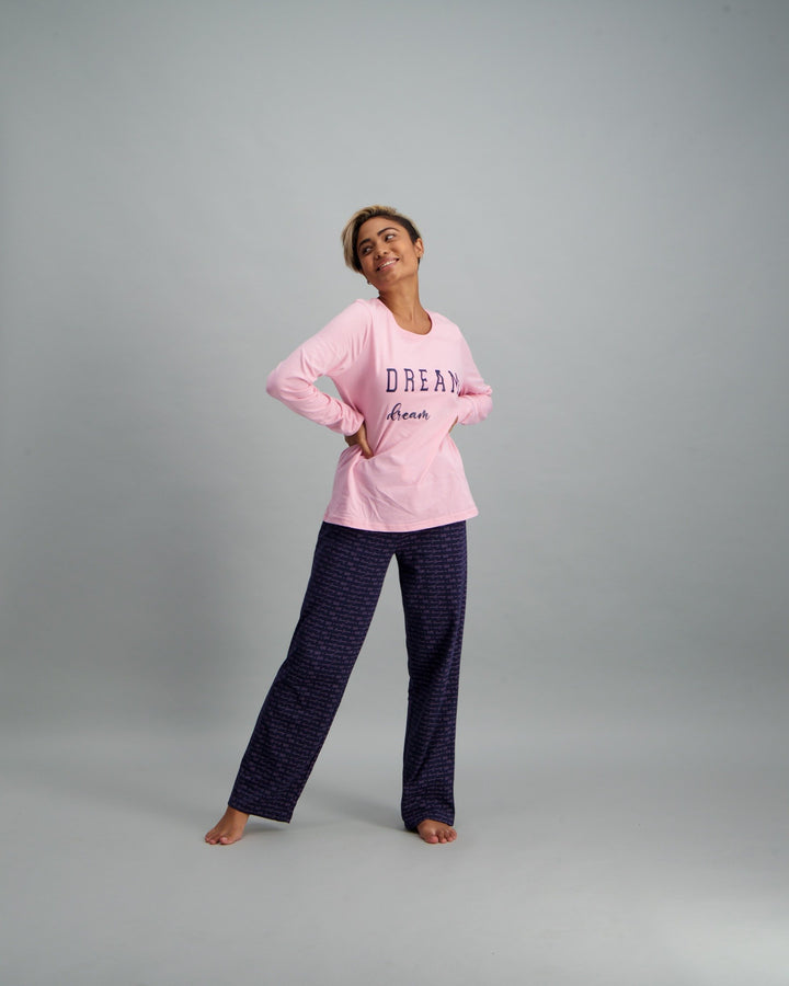 Ladies Script Pyjama Set - Navy Blue & Pink