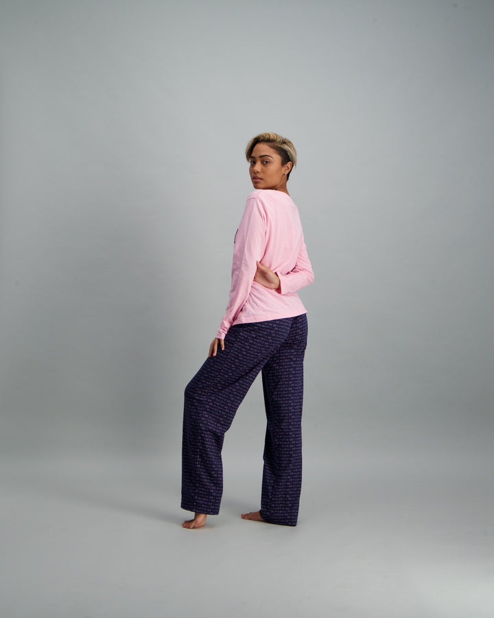 Ladies Script Pyjama Set - Navy Blue & Pink