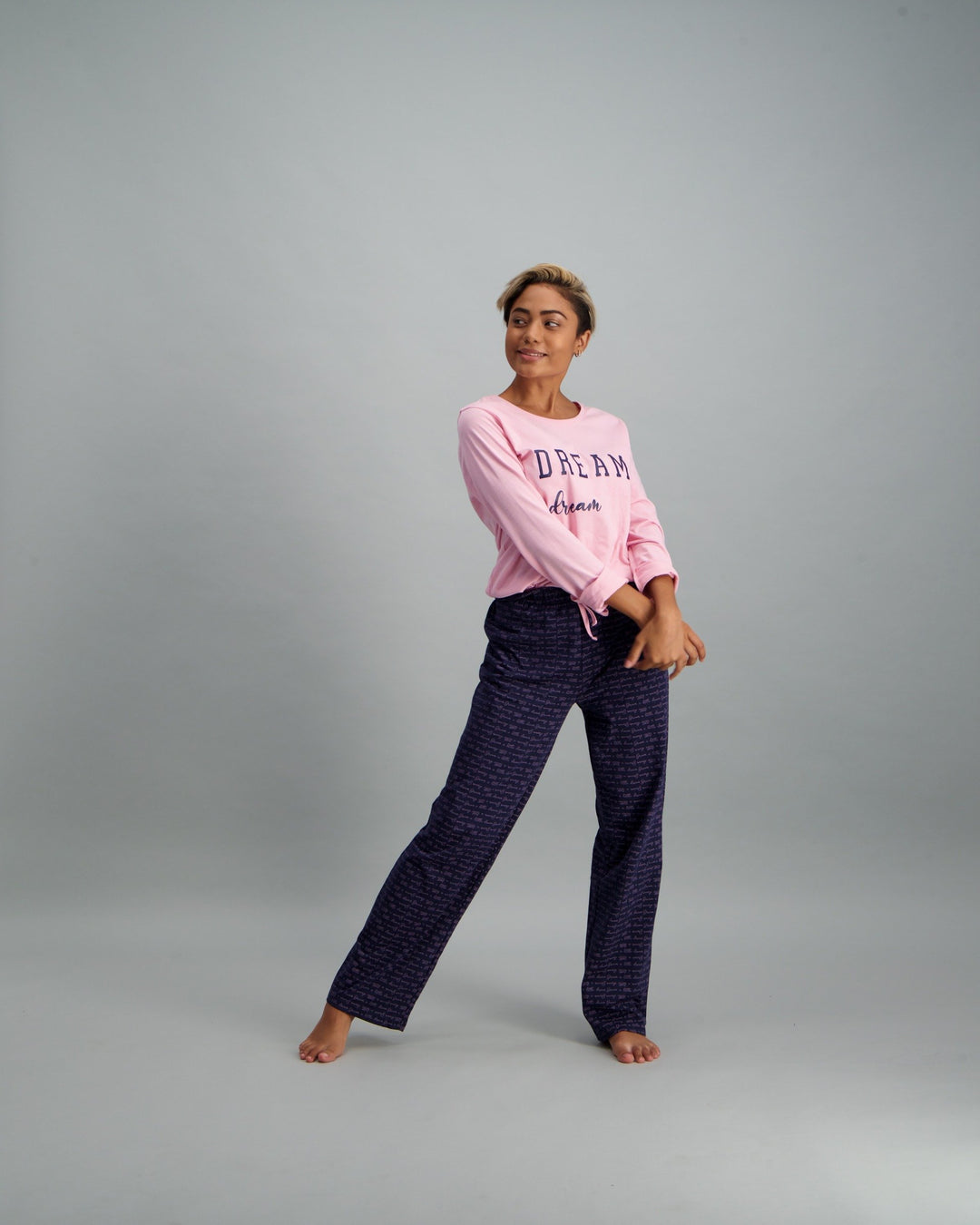 Ladies Script Pyjama Set - Navy Blue & Pink