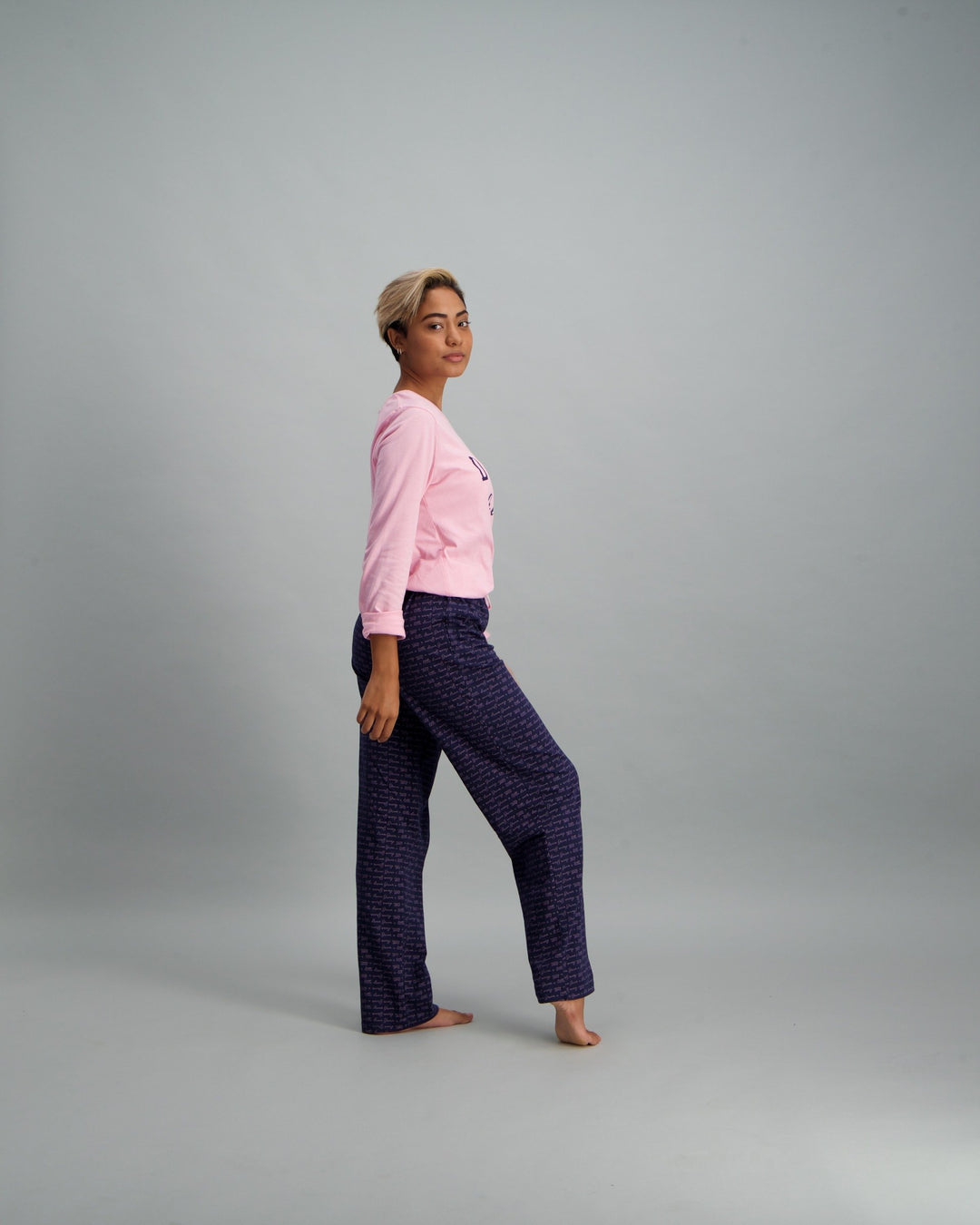 Ladies Script Pyjama Set - Navy Blue & Pink