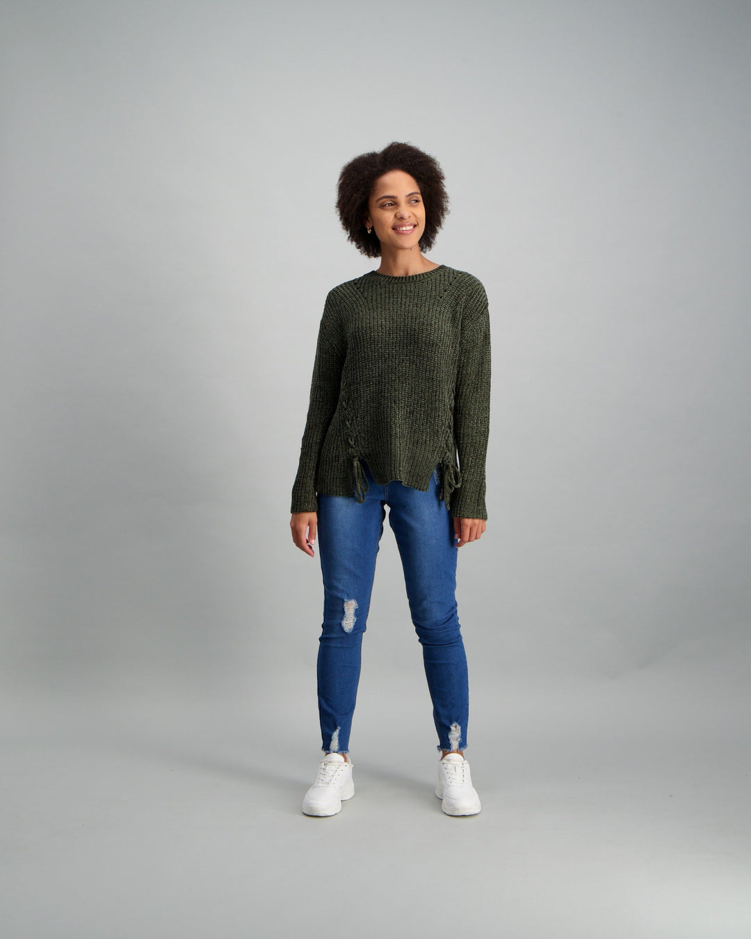 Ladies Criss-Cross Welt Pullover - Khaki