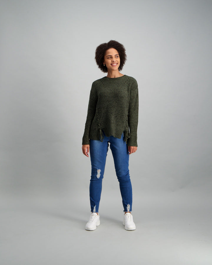 Ladies Criss-Cross Welt Pullover - Khaki