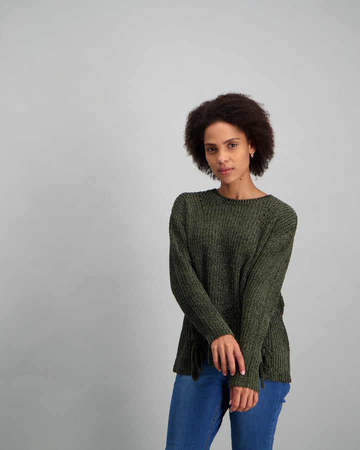 Ladies Criss-Cross Welt Pullover - Khaki