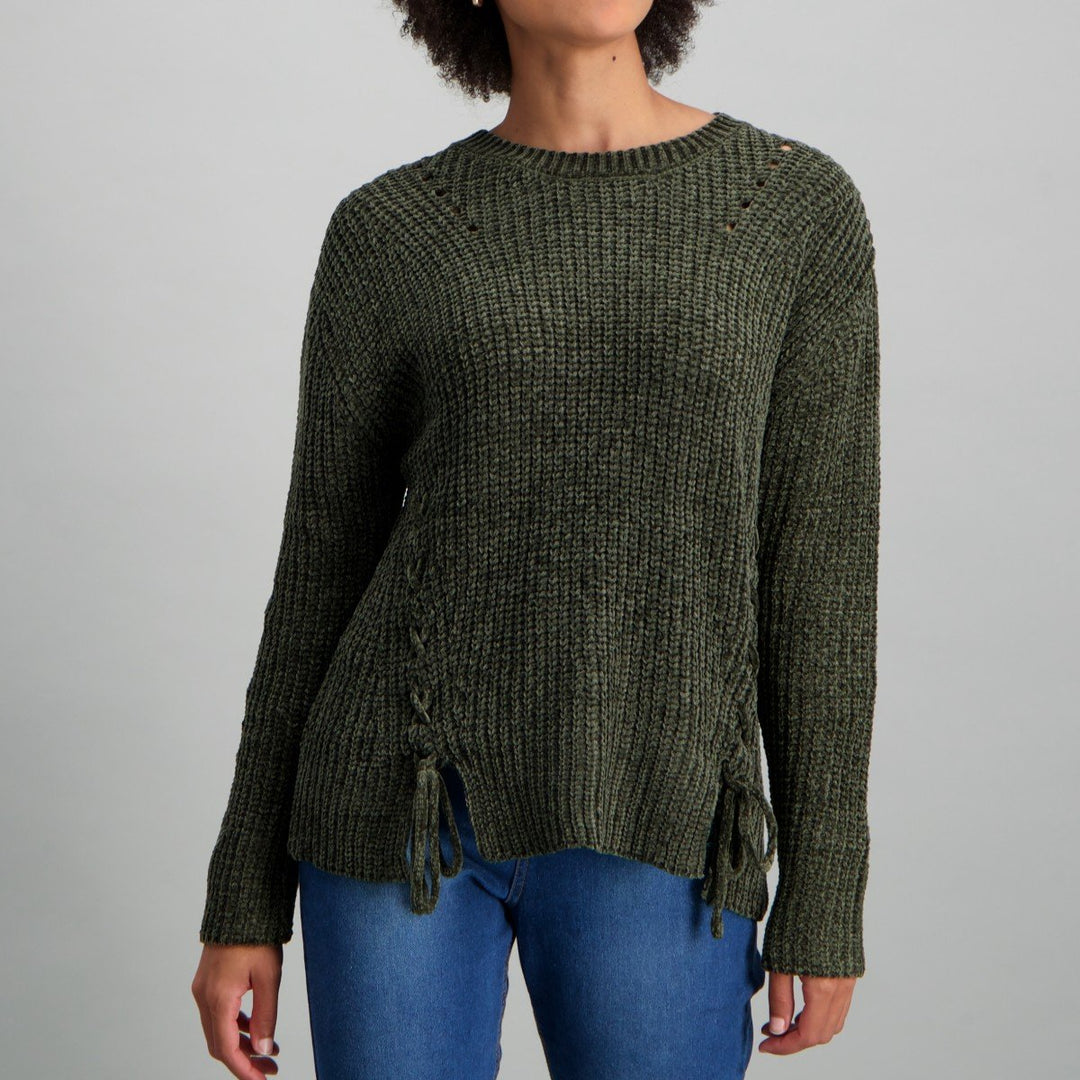 Ladies Criss-Cross Welt Pullover - Khaki