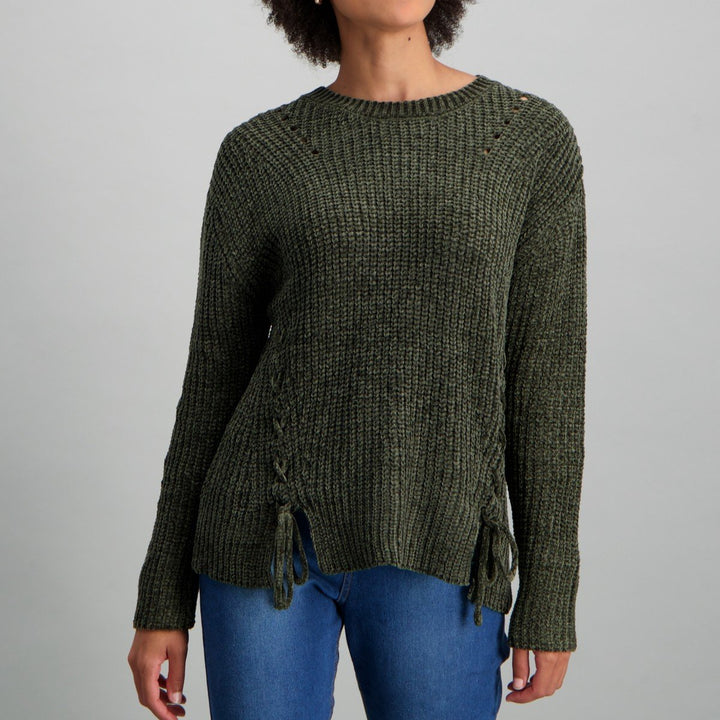 Ladies Criss-Cross Welt Pullover - Khaki