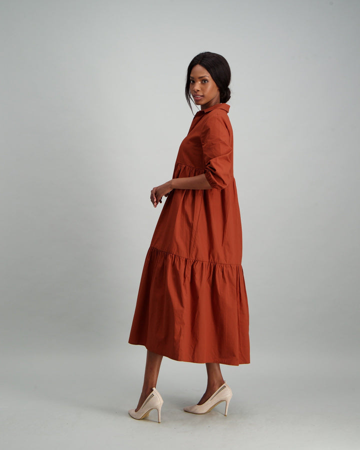 Ladies Tiered Maxi Dress - Rust
