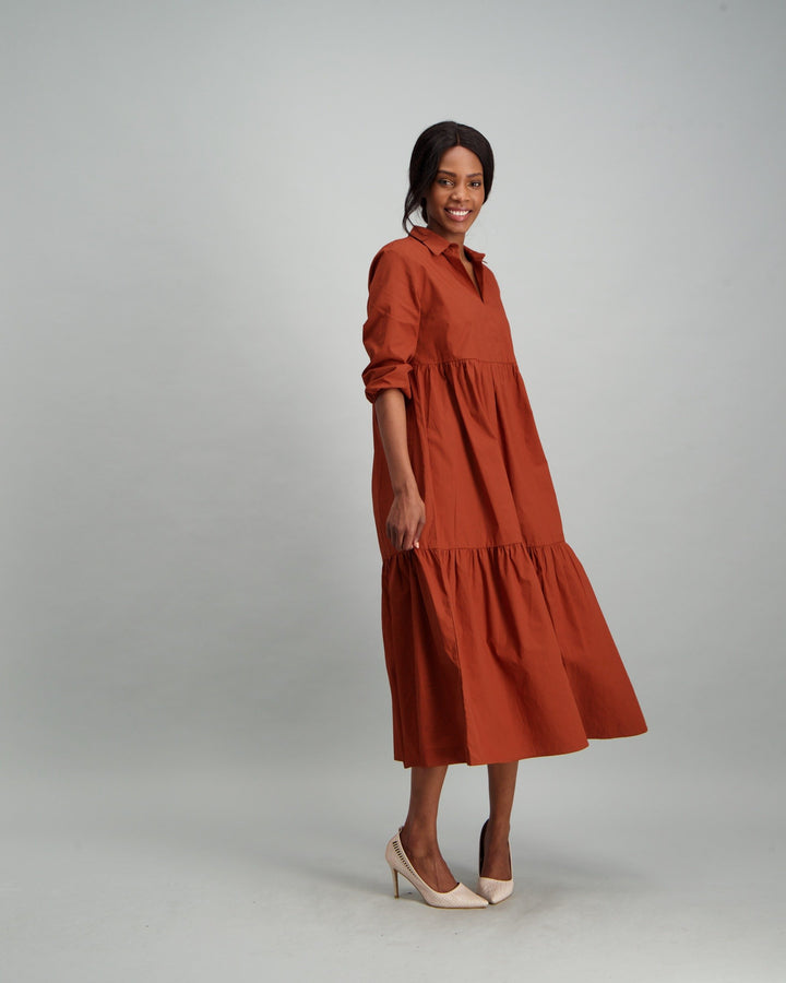 Ladies Tiered Maxi Dress - Rust