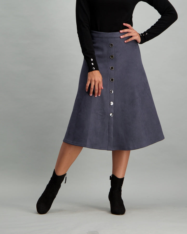 Ladies Button Though Suede Skirt - Blue