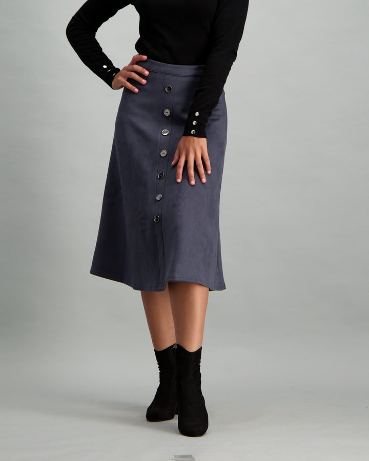 Ladies Button Though Suede Skirt - Blue