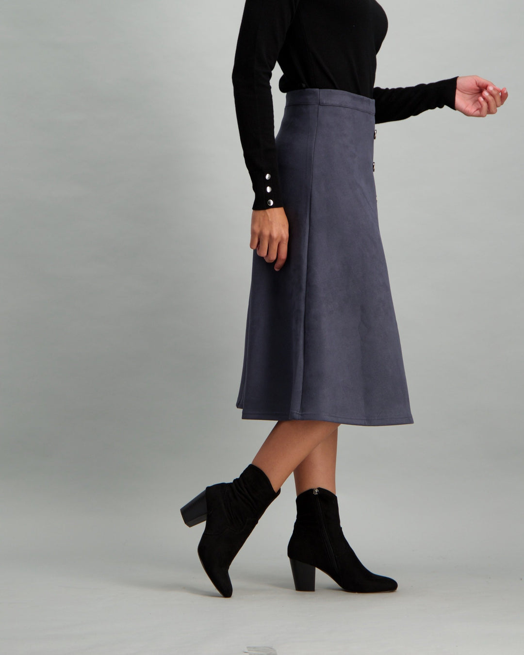 Ladies Button Though Suede Skirt - Blue